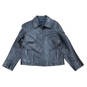 Vintage J. Crew Black Leather Distressed Button Up Jacket Coat Size Large